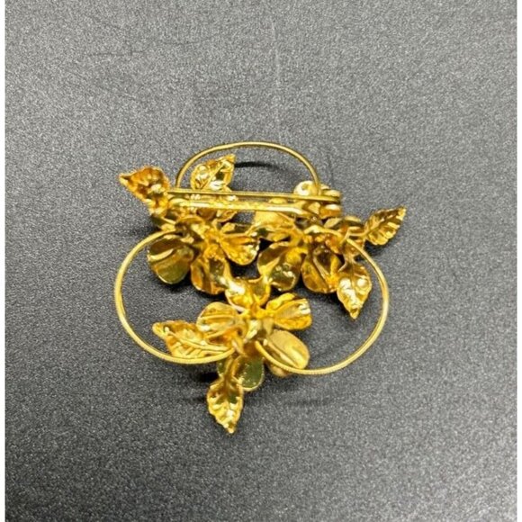 Enamel Flower Brooch White On Gold tone Crystal Centers Made in Austria Vintage - Picture 5 of 7
